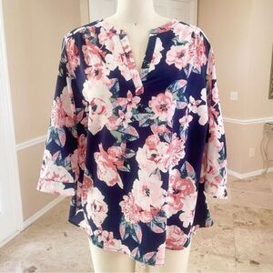 Floral Rose Print V-Neck Blouse